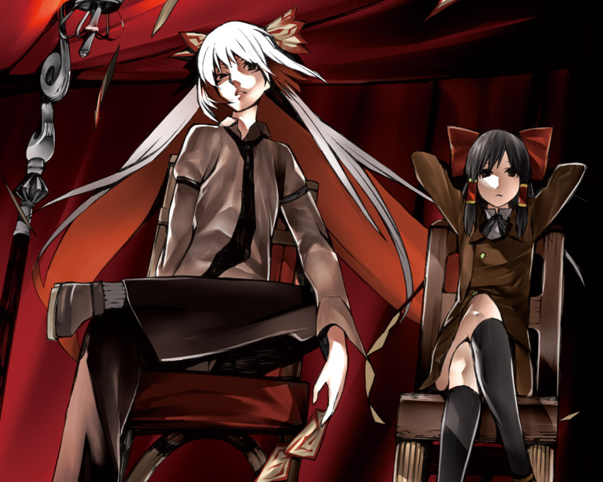 2girls alice's_emotion alternate_costume black_hair bow chair crossed_legs formal fujiwara_no_mokou hair_tubes hairbow hakurei_reimu kneehighs multiple_girls onigunsou pant_suit pants sitting socks suit touhou