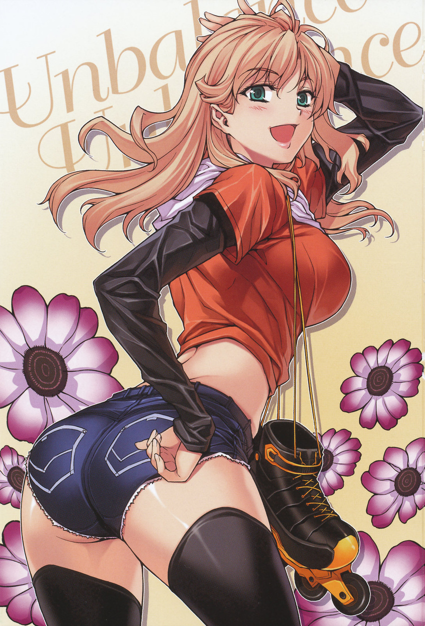 :d anemone_(flower) antenna_hair arm_behind_head arm_up ass back belt black_thighhighs blonde_hair blush breasts caroline copyright_name crop_top cutoffs denim denim_shorts female fingernails floating_hair flower gradient_background green_eyes hand_on_own_head hand_on_own_hip highres hood hoodie inline_skates large_breasts layered_sleeves leaning_forward lips long_fingernails long_hair long_sleeves looking_at_viewer looking_back midriff official_art open_mouth outline parted_bangs pose profile roller_skates scan shadow shiny_skin shirt short_over_long_sleeves short_shorts short_sleeves shorts skates smile solo soo-hyon_lee standing thick_thighs thighhighs thighs unbalance_unbalance yellow_background