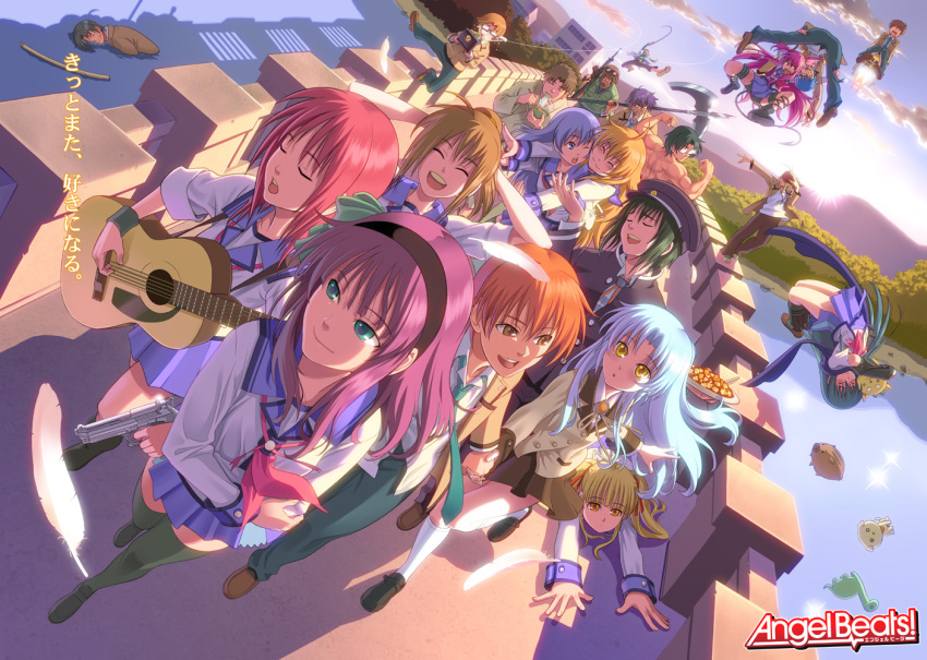 6+boys 6+girls acoustic_guitar air_(visual_novel) angel_beats! botan_(clannad) bracelet bridge char_(angel_beats!) clannad closed_eyes commentary_request dinosaur dutch_angle everyone feathers fishing_line food fujimaki_(angel_beats!) guitar gun halberd hinata_hideki hisako_(angel_beats!) instrument irie_miyuki iwasawa_masami jewelry kinniku_buster mapo_tofu matsushita_(angel_beats!) multiple_boys multiple_girls nakamura_yuri naoi_ayato necktie noda_(angel_beats!) noodles ooyama_(angel_beats!) otonashi_yuzuru pairan perspective piledriver_(wrestling) polearm potato_(air) ramen rocket saitou_(angel_beats!) sauropod school_uniform sekine_shiori shiina_(angel_beats!) shirasaya sleeves_rolled_up stuffed_animal stuffed_toy sunrise sword tachibana_kanade takamatsu_(angel_beats!) takeyama_(angel_beats!) thighhighs tk_(angel_beats!) translation_request weapon yui_(angel_beats!) yusa_(angel_beats!)