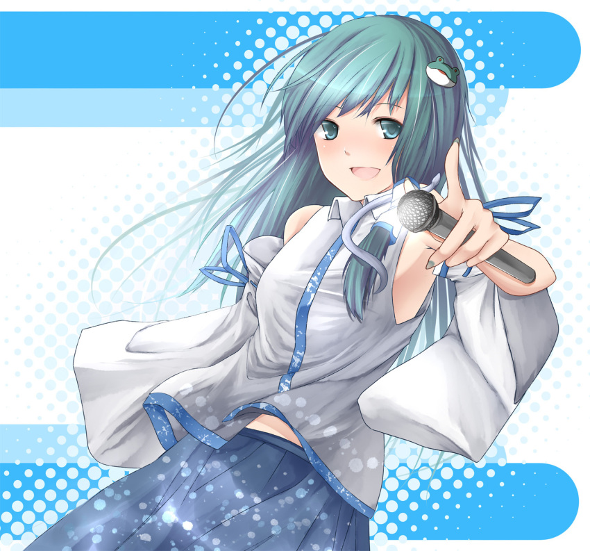 aqua_eyes aqua_hair bad_id bad_pixiv_id detached_sleeves female fingernails foreshortening frog grey_nails hair_ornament highres kochiya_sanae long_hair looking_at_viewer metalwasabi microphone nail_polish open_mouth photoshop_(medium) pointing pointing_at_viewer ribbon smile snake solo touhou triance_code