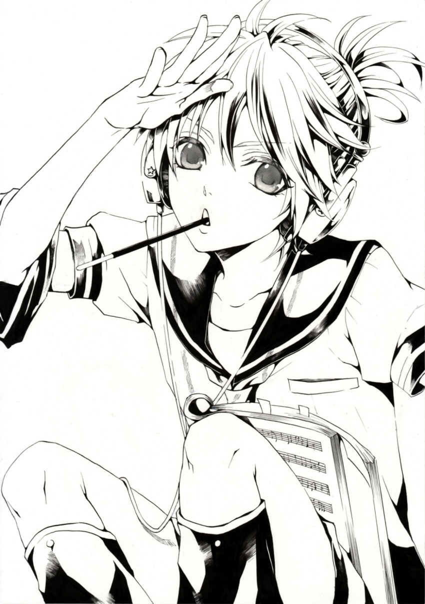 1boy beamed_eighth_notes beamed_sixteenth_notes commentary_request eighth_rest food greyscale hakuseki headphones highres kagamine_len male_focus monochrome musical_note pocky quarter_note quarter_rest salute sheet_music sixteenth_rest solo vocaloid