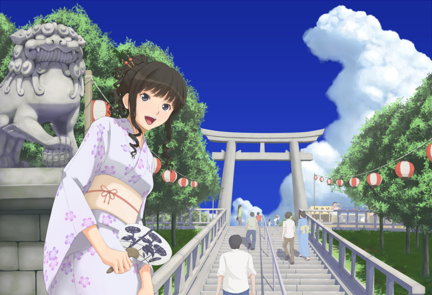 alternate_hairstyle amagami commentary_request female gebo hair_ornament japanese_clothes kimono komainu morishima_haruka outdoors photoshop_(medium) scenery solo stairs torii yukata