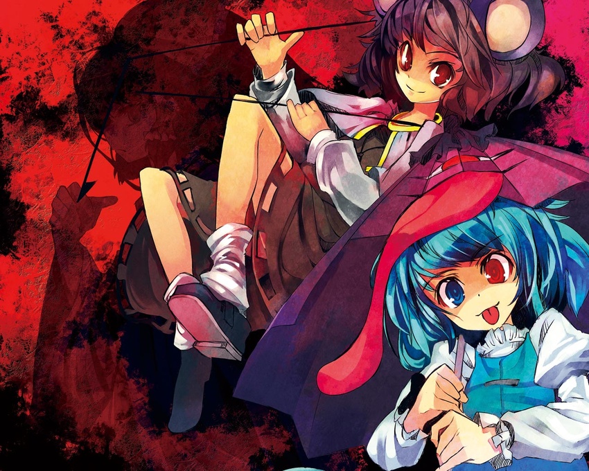 2girls alice's_emotion animal_ears hakurei_reimu heterochromia mouse_ears multiple_girls nazrin tatara_kogasa tongue touhou ukyo_rst umbrella