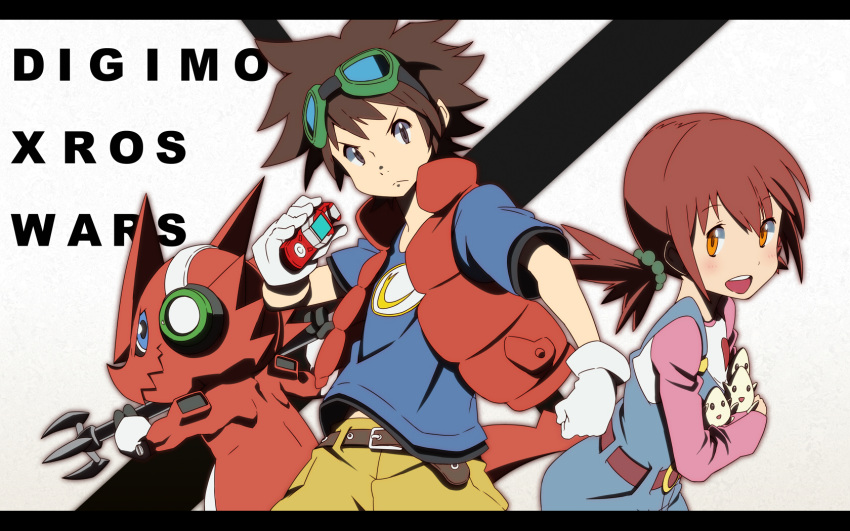 1boy bad_id bad_pixiv_id belt brown_hair copyright_name digimon digimon_(creature) digimon_xros_wars female goggles goggles_on_head hajime_(hajime-ill-1st) headphones highres hinomoto_akari kudou_taiki letterboxed looking_at_viewer orange_hair overalls pickmon red_hair shirt shoutmon xrossloader