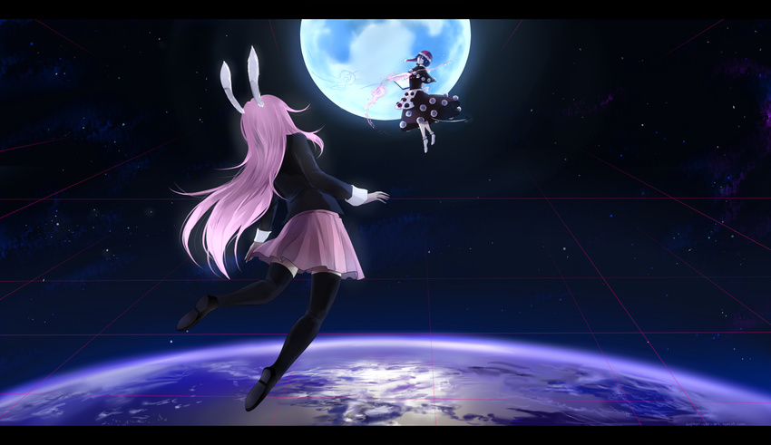 2girls animal_ears black_dress black_legwear blue_hair bobby_socks book capelet commentary doremy_sweet dream_soul dress earth_(planet) english_commentary euphori_cat flying from_behind grid hat highres jacket letterboxed loafers long_hair long_sleeves looking_at_another moon multiple_girls nebula nightcap no_shoes open_book pink_skirt planet pleated_skirt pom_pom_(clothes) purple_hair rabbit_ears reisen_udongein_inaba shoes short_hair short_sleeves skirt socks space star_(sky) suit_jacket tail thighhighs touhou zettai_ryouiki