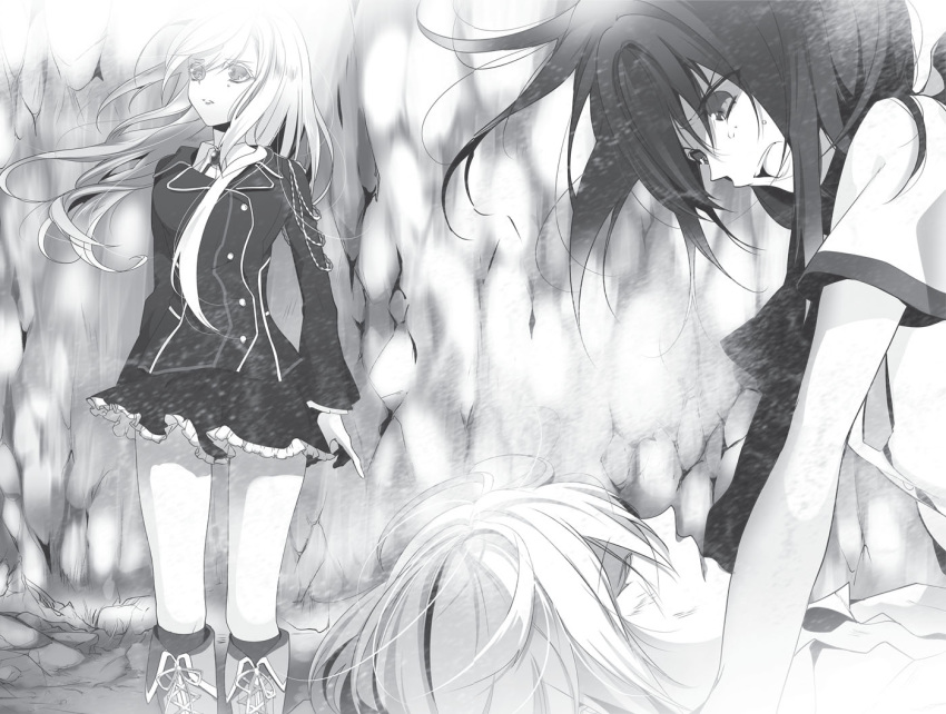 1boy 2girls akatsuki_kojou boots closed_eyes floating_hair frilled_skirt frills greyscale himeragi_yukina jacket knee_boots kneehighs la_folia_rihavein long_hair lying manyako_(mohumohu) miniskirt monochrome multiple_girls non-web_source novel_illustration official_art on_back open_mouth parted_lips photoshop_(medium) saikai_academy_school_uniform school_uniform short_sleeves skirt socks standing strike_the_blood