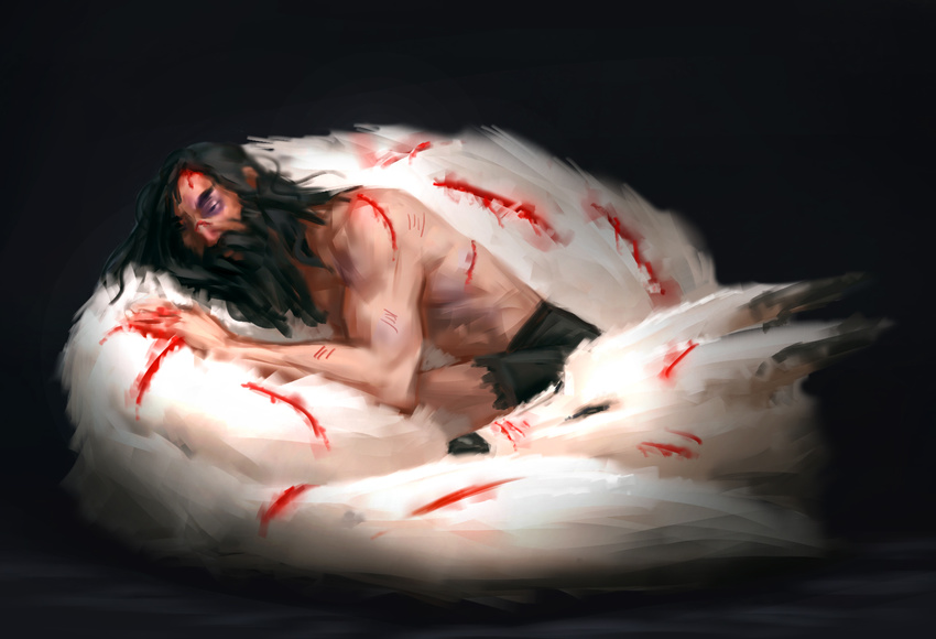 1boy alternate_hair_length alternate_hairstyle animal beard black_hair blood bruise bruised_eye commentary cuts english_commentary facial_hair highres injury long_hair male_focus messy_hair muscular muscular_male on_animal photoshop_(medium) samurai_jack samurai_jack_(character) sleeping stinkypanda topless_male torn_clothes wolf