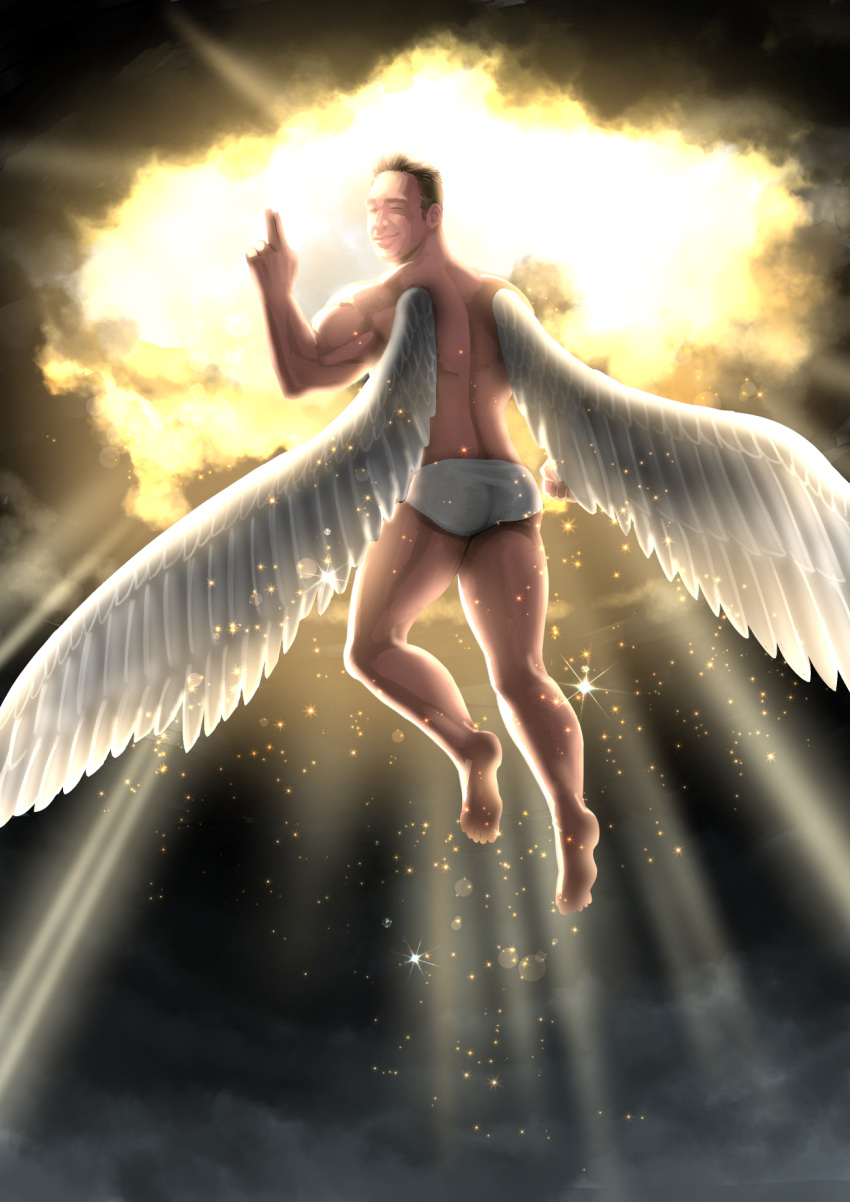 1boy angel_wings ass back bare_legs barefoot billy_herrington bloom briefs brown_hair cloud commentary feathered_wings flying full_body gachimuchi hand_up heaven highres light light_particles light_rays looking_at_viewer looking_back male_focus male_underwear muscular muscular_male one_eye_closed otosama real_life receding_hairline salute sky smile solo thighs topless_male two-finger_salute underwear underwear_only white_male_underwear wings