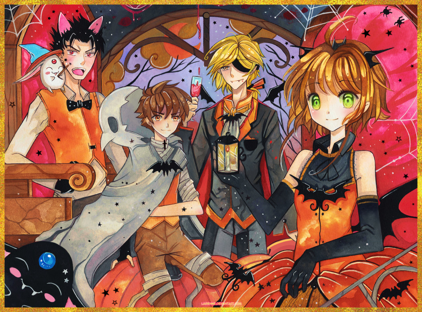 3boys alcohol alternate_eye_color animal_ears bandages bat_(animal) black_gloves black_hair black_pants blonde_hair blush border bow bowtie breasts brown_hair brown_pants bug candle closed_mouth collared_shirt commentary cup dress drinking_glass elbow_gloves english_commentary fai_d._flowright fangs female fingerless_gloves fire ghost_costume gloves green_eyes halloween happy hat holding holding_cup holding_wand kurogane_(tsubasa_chronicle) larienne light_brown_hair long_sleeves looking_at_viewer looking_away mokona multiple_boys open_mouth orange_dress orange_eyes pants ponytail red_eyes sakura_hime shirt short_hair silk sitting small_breasts smile spider spider_web spiked_hair standing star_(symbol) sweater_vest throne tied_hair tsubasa_chronicle vampire_costume wand white_shirt wine witch_hat wolf_ears xiaolang yellow_border yellow_eyes