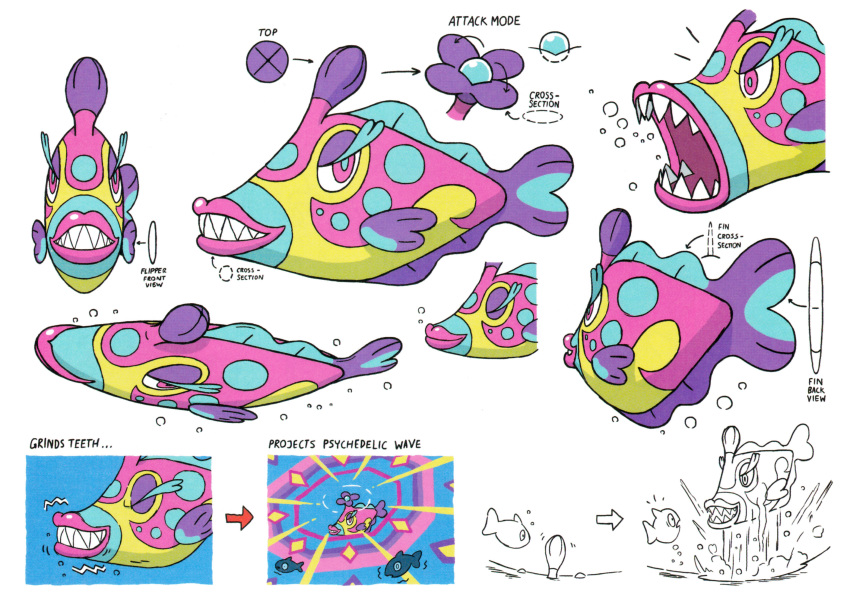 absurd_res bruxish closed_eyes concept_art duo english_text fangs female fish generation_7_pokemon group hi_res marine model_sheet nintendo official_art open_mouth pokemon pokemon_(species) sharp_teeth simple_background solo teeth text underwater water white_background