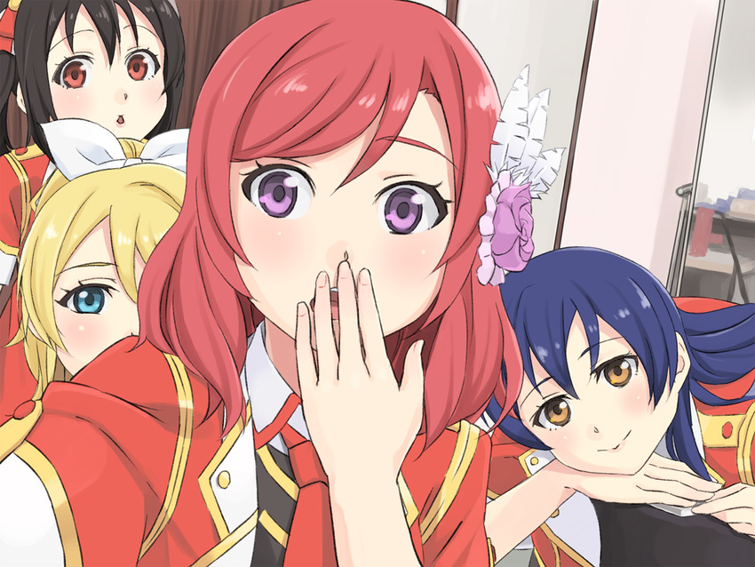 4girls :o ayase_eli black_hair blonde_hair blue_eyes blue_hair bokura_no_live_kimi_to_no_life bow brown_eyes commentary_request covering_own_mouth flower hair_flower hair_ornament hairbow hand_over_own_mouth long_hair love_live! love_live!_school_idol_project mimori_suzuko multiple_girls nanjou_yoshino nishikino_maki oitsuki_(getsumen_diver) photo-referenced pile_(voice_actor) purple_eyes reaching reaching_towards_viewer red_eyes red_hair selfie smile sonoda_umi tokui_sora voice_actor_connection yazawa_nico