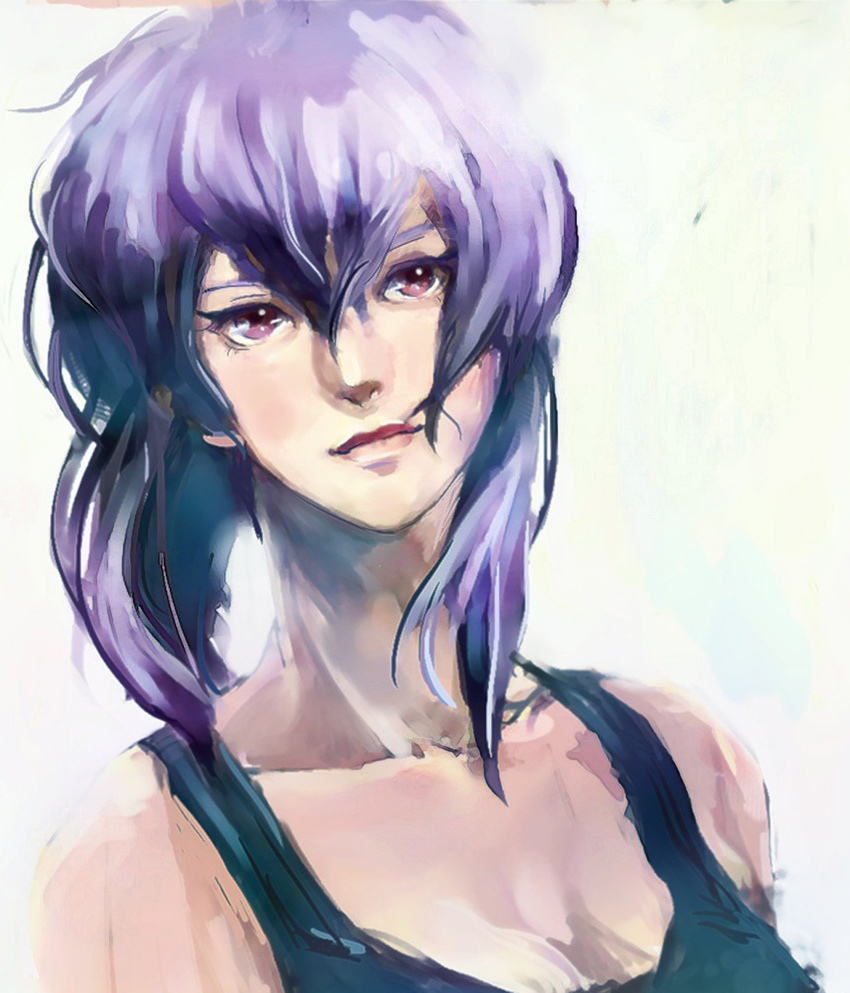 bangs black_tank_top cleavage cyborg female ghost_in_the_shell kusanagi_motoko locks maroon_eyes purple_hair short_hair short_hair_with_long_locks simple_background socha solo tank_top