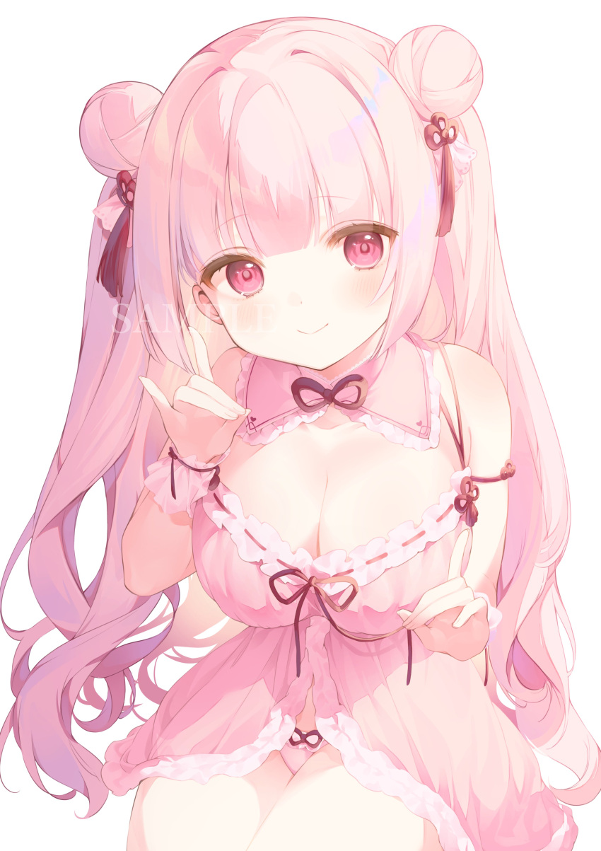 absurdres babydoll bare_shoulders blunt_bangs blush bow breasts cleavage closed_mouth double_bun female fox_shadow_puppet frills hair_bun highres indie_virtual_youtuber kitutuki_renge large_breasts lingerie long_hair looking_at_viewer panties pink_eyes pink_hair pink_panties ribbon ribbon_trim sample_watermark simple_background sitting smile solo underwear usanta very_long_hair watermark white_background wrist_cuffs