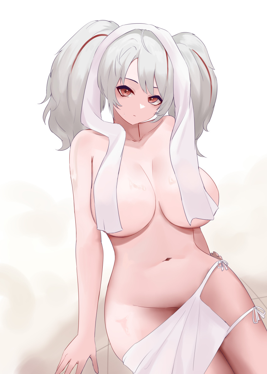 absurdres arms_behind_back azur_lane breasts expressionless female from_above groin hair_between_eyes highres hip_focus large_breasts long_hair looking_at_viewer looking_up multicolored_hair naked_towel navel obniermarbiss on_floor orange_eyes prinz_adalbert_(azur_lane) prinz_adalbert_(bathroom_slip_up)_(azur_lane) red_hair sitting staring streaked_hair towel towel_around_neck towel_on_head twintails two-tone_hair white_hair white_towel