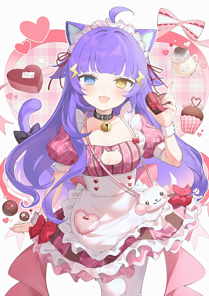 :3 absurdres ahoge animal_ears apron bag bell blue_eyes blunt_bangs blush bow breasts candy cat_cutout cat_ears cat_girl cat_tail chocolate choker cleavage cleavage_cutout clothing_cutout collar cupcake dress female food frills hair_ornament heart heart-shaped_chocolate heterochromia highres holding holding_chocolate holding_food indie_virtual_youtuber long_hair looking_at_viewer maid maid_apron maid_headdress medium_breasts neck_bell open_mouth pantyhose pink_dress plaid plaid_dress puffy_short_sleeves puffy_sleeves purple_hair sample_watermark short_sleeves smile solo tail usanta valentine virtual_youtuber watermark white_apron white_pantyhose wrist_cuffs yellow_eyes