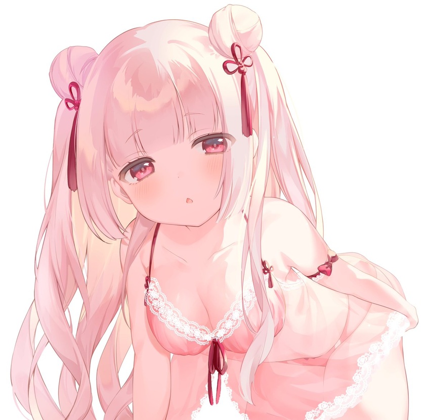 bare_shoulders blunt_bangs blush bow bra breasts cleavage collarbone commission double_bun female hair_bun hair_ornament indie_virtual_youtuber kitutuki_renge lace_trim leaning_forward lingerie long_hair looking_at_viewer medium_breasts open_mouth panties parted_lips pink_bra pink_hair pink_panties red_eyes red_ribbon ribbon see-through simple_background skeb_commission solo underwear usanta very_long_hair white_background