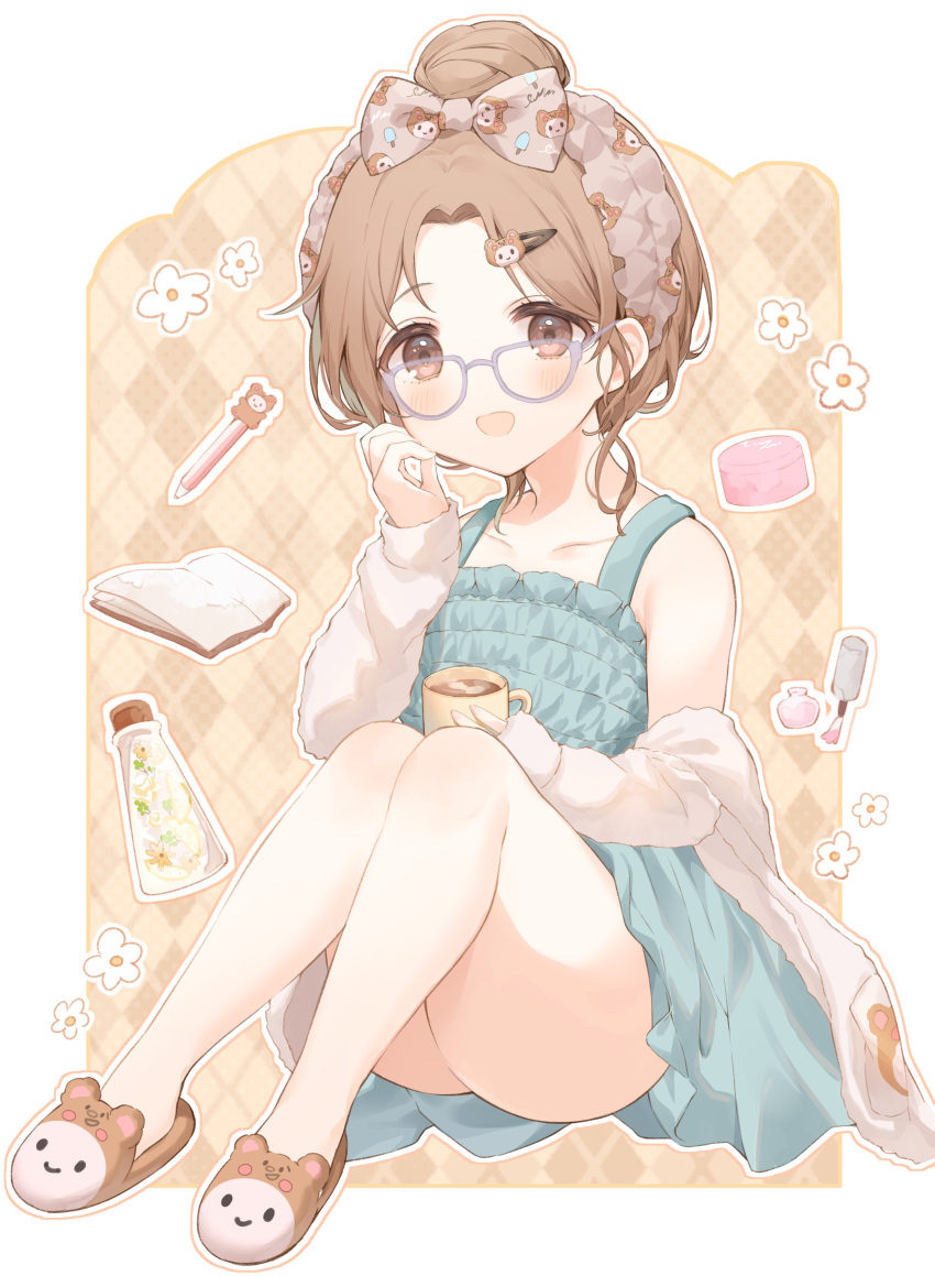 :d absurdres animal_slippers ass bare_shoulders bespectacled blue_dress blush book bow brown_eyes brown_hair cardigan collarbone cup dress female full_body glasses grey_cardigan hair_bun hair_ornament hairband hairbow hairclip hand_up highres holding holding_cup ichikawa_hinana idolmaster idolmaster_shiny_colors knees_up long_sleeves looking_at_viewer mug off_shoulder open_book open_mouth parted_bangs purple-framed_eyewear single_hair_bun sitting sleeveless sleeveless_dress slippers smile solo usanta