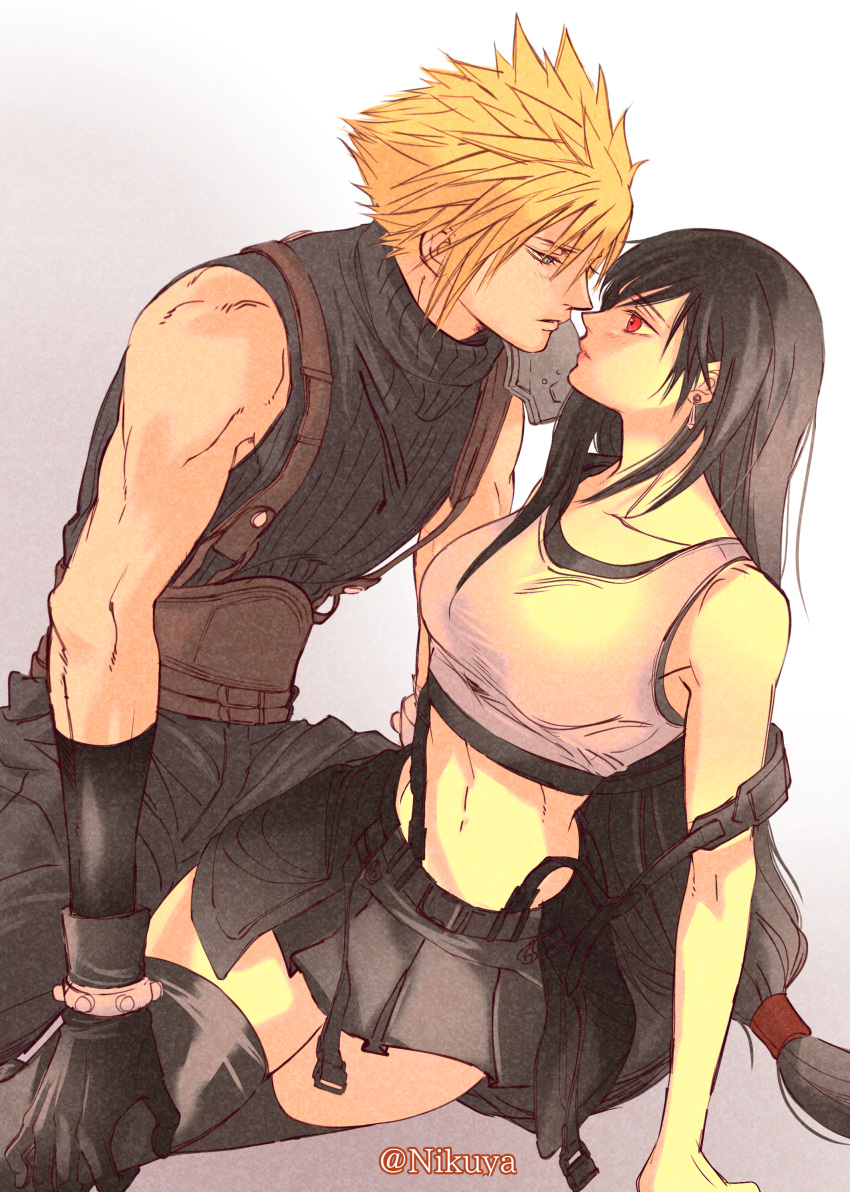 1boy absurdres arm_support armor baggy_pants bare_arms bare_shoulders black_gloves black_hair black_skirt black_thighhighs blonde_hair blush breasts closed_mouth cloud_strife collarbone commentary_request couple cowboy_shot crop_top earrings eye_contact female final_fantasy final_fantasy_vii final_fantasy_vii_rebirth final_fantasy_vii_remake gloves gradient_background highres imminent_kiss jewelry kneeling large_breasts long_hair looking_at_another looking_down looking_up low-tied_long_hair midriff miniskirt navel nikuya_(nikuya888) pants profile ribbed_sweater short_hair shoulder_armor single_bare_shoulder single_earring sitting skirt sleeveless sleeveless_turtleneck spiked_hair suspender_skirt suspenders sweater tank_top thighhighs tifa_lockhart turtleneck turtleneck_sweater twitter_username very_long_hair white_tank_top yokozuwari