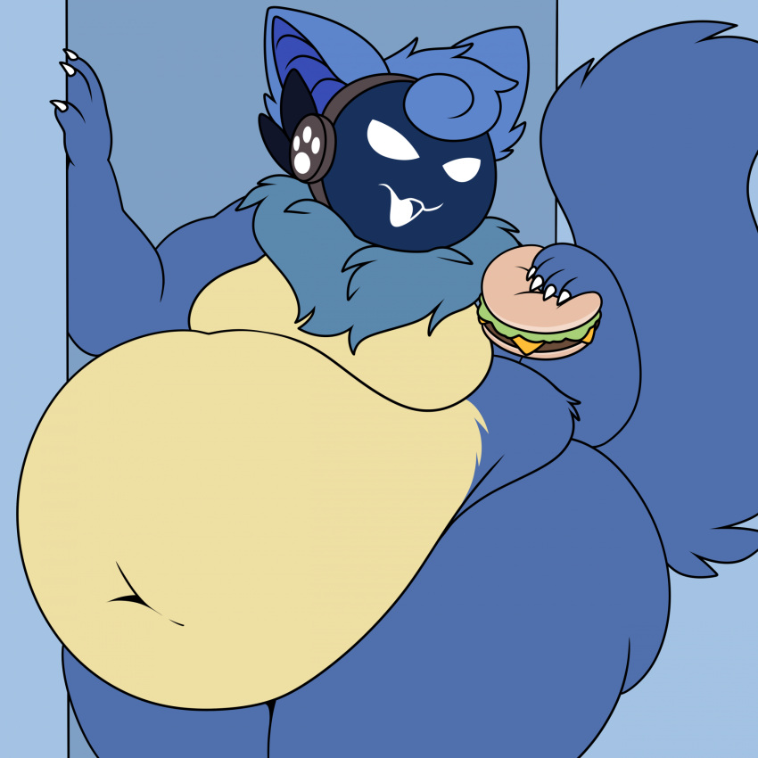 5_fingers anthro belly bent_arm big_belly blue_body blue_fur blue_hair blue_tail burger cheese chest_fur clawed_fingers claws curled_hair dairy_products digital_drawing_(artwork) digital_media_(artwork) doorway ear_tuft fingers flat_colors fluffy fluffy_tail food fur hair hi_res holding_burger holding_food holding_object inside lettuce machine male moobs multicolored_body multicolored_fur navel nude obese obese_anthro obese_male open_mouth overweight overweight_anthro overweight_male plant pompuffy_(artist) protogen screen screen_face skite_mason solo standing tail thick_thighs tuft vegetable weight_gain white_claws wide_hips yellow_body yellow_fur