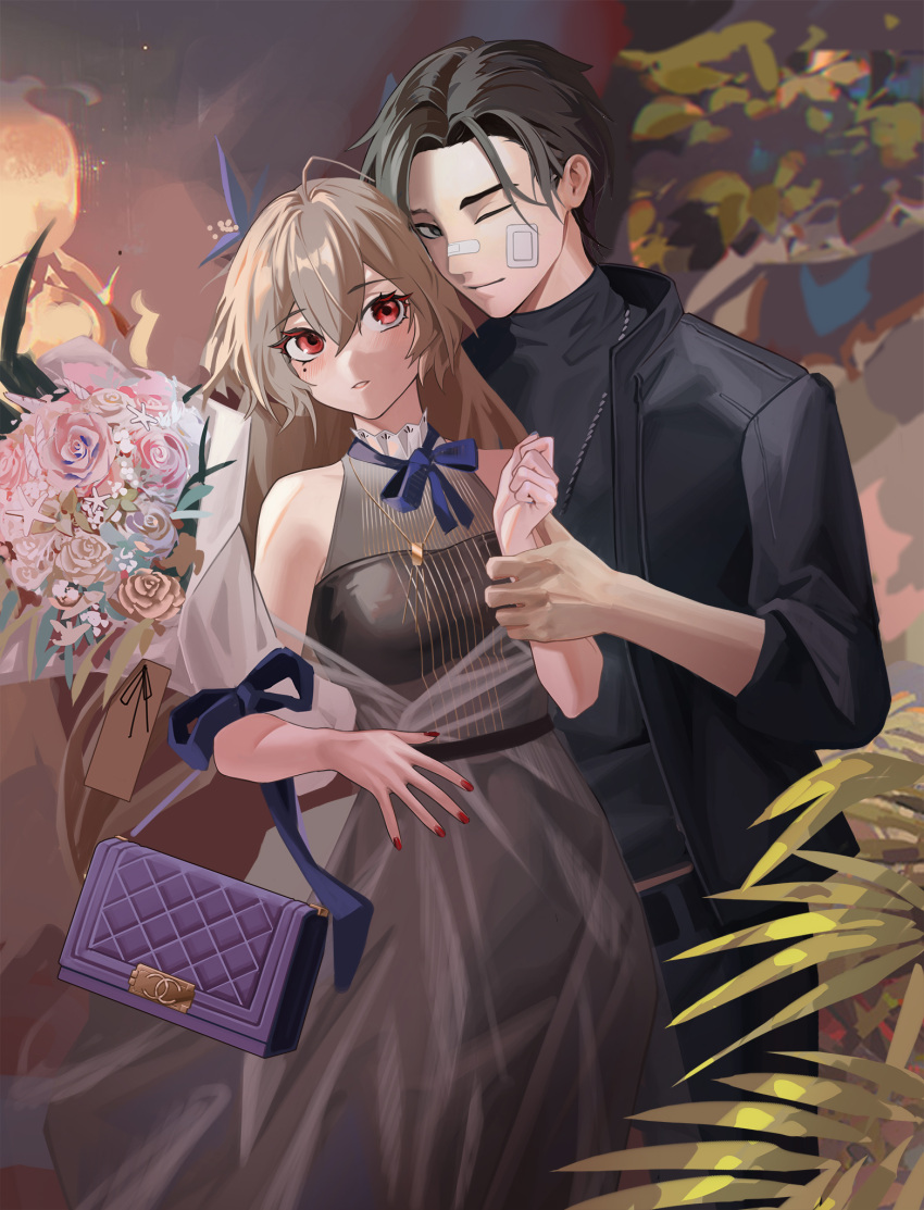 1boy bag black_dress black_eyes black_hair black_jacket black_shirt blonde_hair blush bouquet chinese_commentary closed_mouth commentary_request dress feet_out_of_frame female girls'_frontline highres holding holding_bag holding_own_arm j_(girls'_frontline) jacket jewelry long_hair looking_at_another looking_at_viewer mole mole_under_eye nail_polish necklace official_alternate_costume open_clothes open_jacket partial_commentary purple_bag red_eyes red_nails regenerate-x shirt short_hair sp9_(girls'_frontline) sp9_(slumbering_starry_dream)_(girls'_frontline) standing