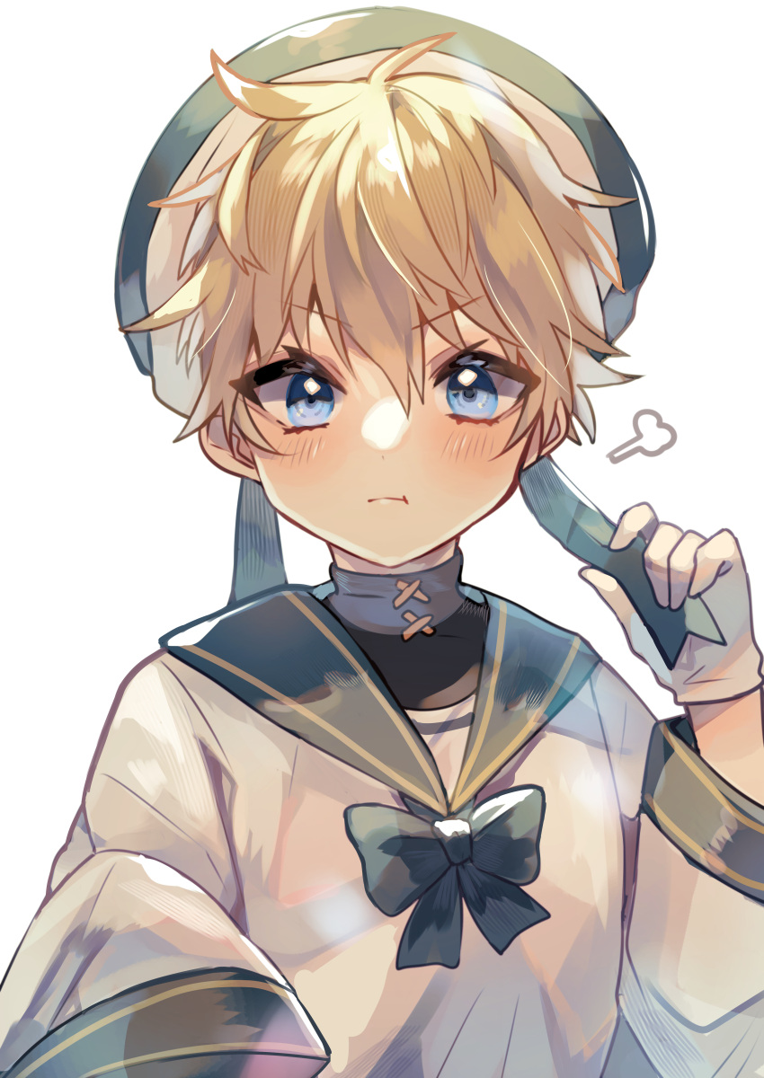 1boy absurdres blonde_hair blue_eyes blush bow chiro_(chi-bu-ko) hat highres huffing long_sleeves looking_at_viewer male_focus original ribbon sailor_hat school_uniform serafuku sleeves_past_wrists solo upper_body