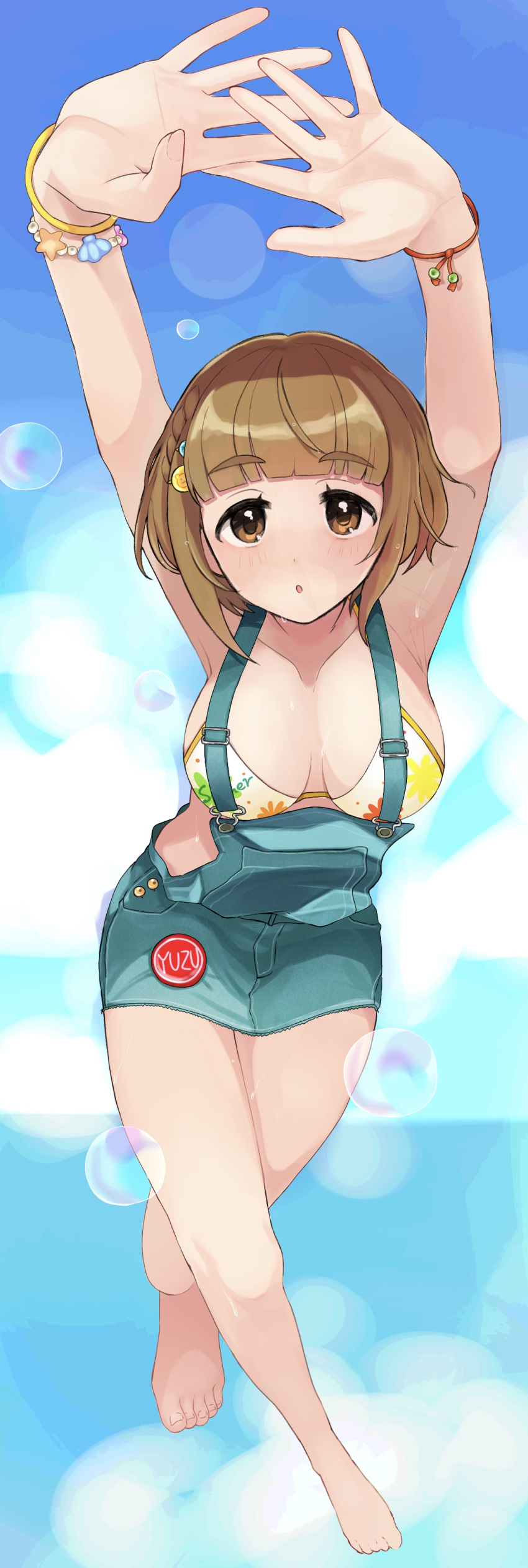 absurdres armpits arms_up badge bare_legs barefoot bikini bikini_top_only bob_cut bracelet breasts brown_hair button_badge female floral_print hair_ornament hairpin highres idolmaster idolmaster_cinderella_girls jewelry kitami_yuzu large_breasts outstretched_arms overall_skirt overalls short_hair solo swimsuit yuzuhota0313