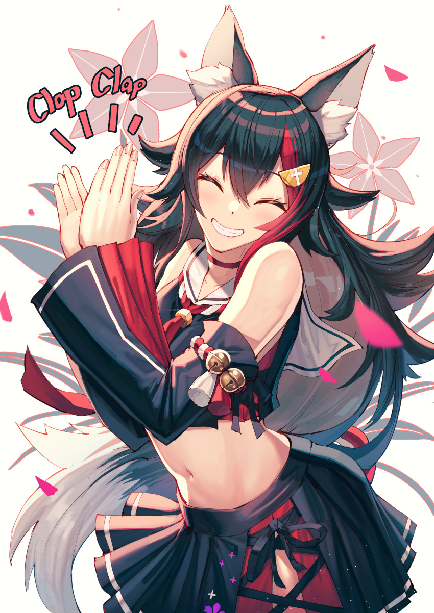 absurdres animal_ear_fluff animal_ears black_hair black_skirt check_commentary choker clapping closed_eyes collarbone commentary commentary_request contrapposto detached_sleeves english_text female fingernails grin highres hololive long_hair mazel_(mazel_star) midriff multicolored_hair navel neckerchief ookami_mio ookami_mio_(1st_costume) parted_lips pleated_skirt red_choker red_neckerchief sailor_collar sidelocks skirt smile solo standing streaked_hair tail teeth virtual_youtuber white_sailor_collar wolf_ears wolf_girl wolf_tail