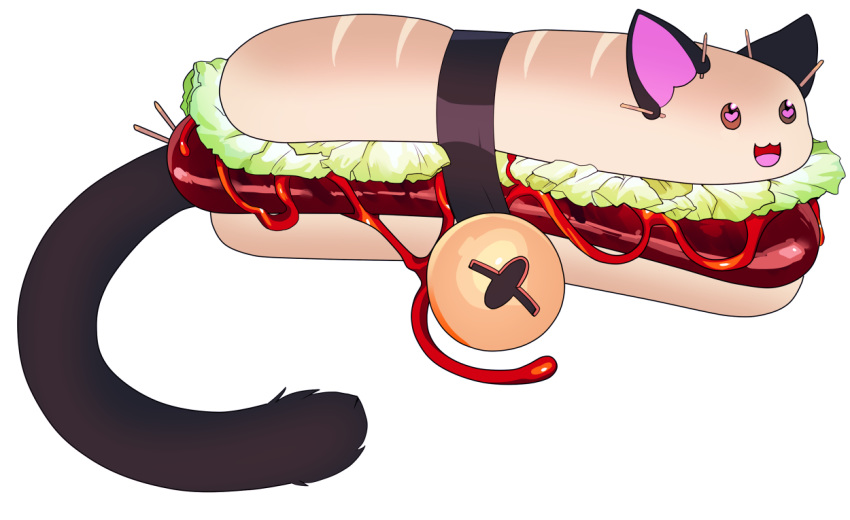 2019 :d alternate_species arh bell bell_collar collar digital_media_(artwork) domestic_cat felid feline felis fluffy food food_creature furrification heart_symbol lettuce mammal meat plant sandwich_(food) sausage simple_background smile solo submarine_sandwich toothpick vegetable white_background