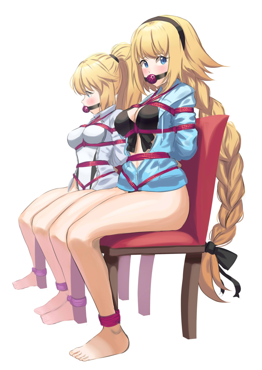 2girls absurdres arms_behind_back ball_gag bikini black_bikini black_hairband blonde_hair blue_eyes blue_jacket bondage bondage bondage bound bound_arms bound_legs braid breast_bondage breasts cailin020 chair commentary commission competition_swimsuit dual_persona english_commentary fate/grand_order fate_(series) front-tie_bikini_top front-tie_top gag gagged hairband highleg highleg_swimsuit highres hood hooded_jacket jacket jeanne_d'arc_(fate) jeanne_d'arc_(swimsuit_archer)_(fate) jeanne_d'arc_(swimsuit_archer)_(first_ascension)_(fate) long_braid long_hair medium_breasts multiple_girls one-piece_swimsuit ponytail red_rope rope shibari_over_clothes single_braid sitting swimsuit very_long_hair white_one-piece_swimsuit wiffle_gag