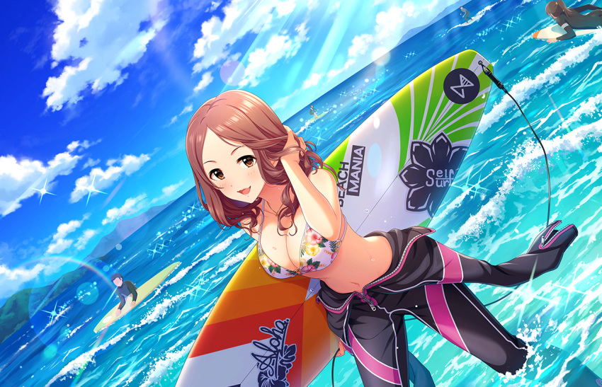 2girls 3boys bikini blue_sky blush bodysuit breasts brown_eyes cloud cloudy_sky day diving_suit dutch_angle english_text feet_out_of_frame floral_print forehead game_cg hand_up holding idolmaster idolmaster_cinderella_girls idolmaster_cinderella_girls_starlight_stage large_breasts lens_flare looking_at_viewer medium_hair multiple_boys multiple_girls navel official_art open_mouth outdoors parted_bangs print_bikini sawada_marina sky solo_focus sparkle standing surfboard swimsuit unzipped wading wetsuit white_bikini