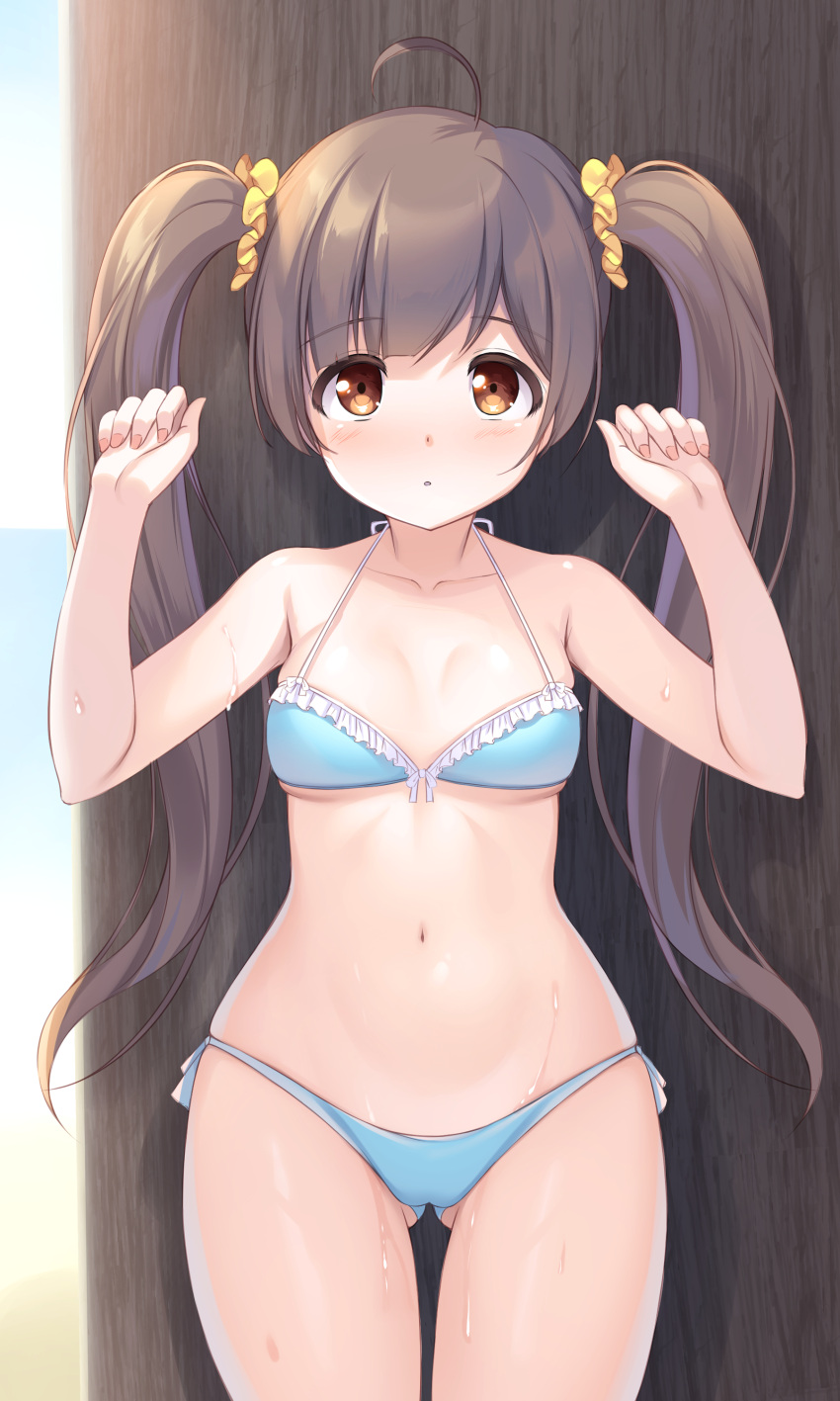 :o absurdres ahoge ass_visible_through_thighs bikini blue_bikini blush breasts brown_hair collarbone cowboy_shot female hair_ornament hair_scrunchie hakozaki_serika halterneck hands_up highres idolmaster idolmaster_million_live! kageira looking_at_viewer navel outdoors scrunchie side-tie_bikini_bottom skindentation small_breasts solo sweatdrop swimsuit twintails wooden_wall