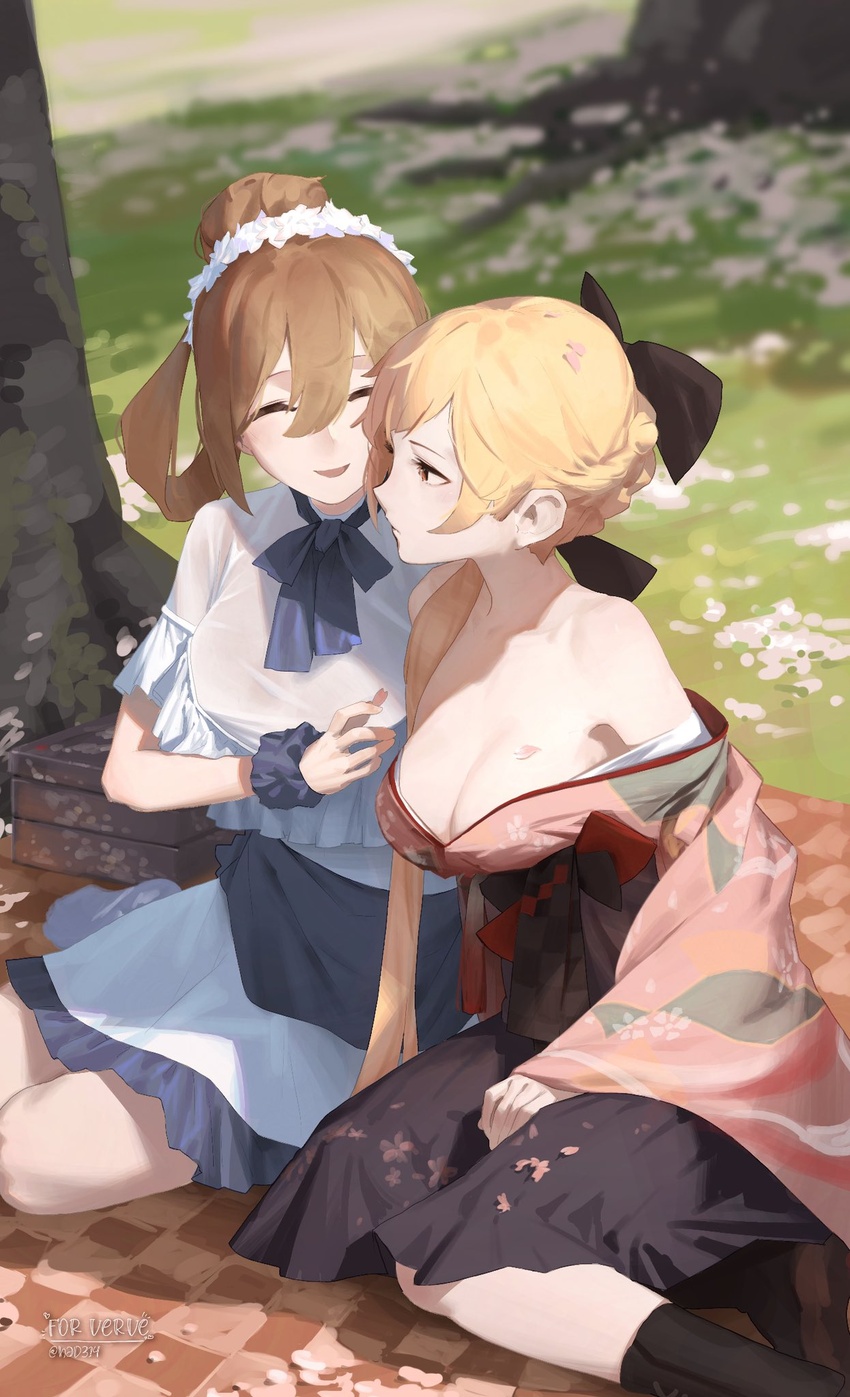 2girls alternate_costume bare_shoulders blonde_hair breasts brown_hair checkered_blanket cherry_blossoms cleavage closed_eyes commentary_request dress girls'_frontline grass had_(had314) hair_rings hakama hakama_skirt highres japanese_clothes kimono large_breasts long_hair looking_at_another multiple_girls off_shoulder official_alternate_costume ots-14_(flurry_of_petals)_(girls'_frontline) ots-14_(girls'_frontline) outdoors petals petals_on_ground picnic skirt smile springfield_(girls'_frontline) tree