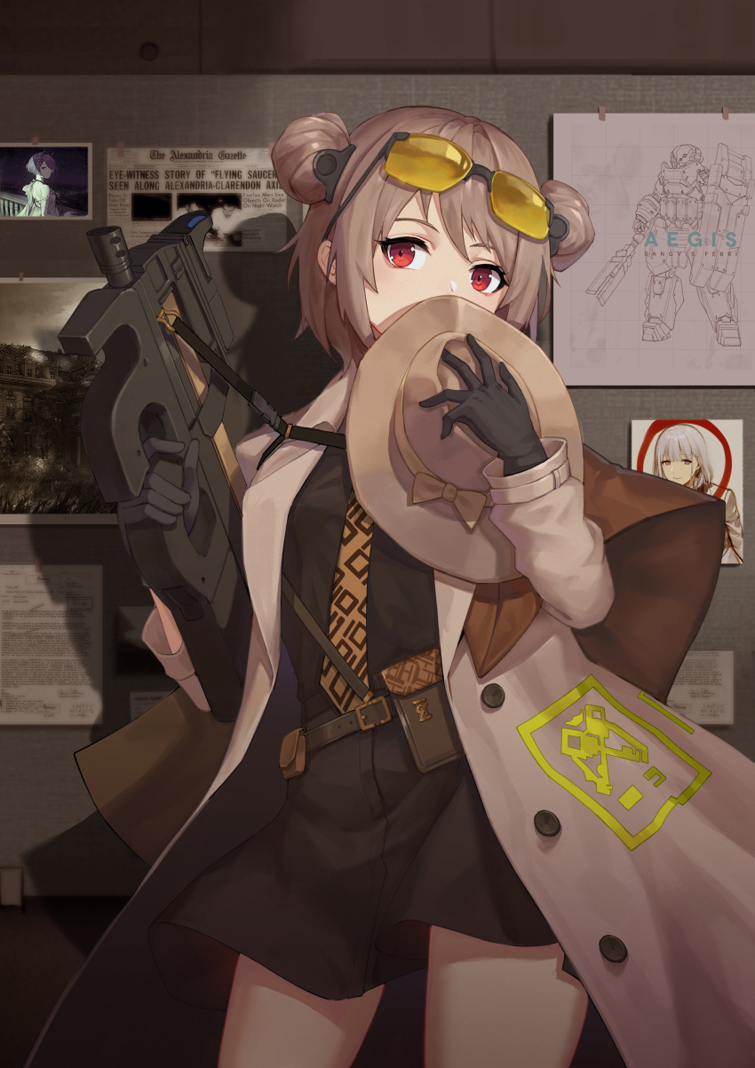 absurdres aegis_(girls'_frontline) black_gloves black_shirt black_skirt breasts brown_coat brown_hair brown_hat brown_necktie bullpup character_request coat commission covering_own_mouth cowboy_shot double_bun eyewear_on_head fedora female girls'_frontline gloves gun hair_bun hand_up hat highres holding holding_clothes holding_gun holding_hat holding_weapon long_sleeves mafia medium_breasts miniskirt necktie newspaper official_alternate_costume p90 p90_(girls'_frontline) p90_(the_girl_from_b.e.l)_(girls'_frontline) photo_(object) pixiv_commission real_life red_eyes rpk-16_(girls'_frontline) rpk-16_(renate)_(girls'_frontline) shirt skirt solo standing submachine_gun sunglasses super_hellrat tinted_eyewear trench_coat unworn_hat unworn_headwear weapon yellow-tinted_eyewear zas_m21_(girls'_frontline) zas_m21_(white_queen)_(girls'_frontline)