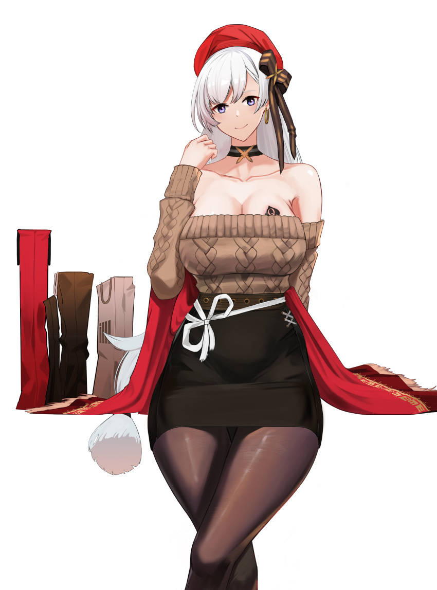 absurdres aran_sweater azur_lane bare_shoulders belfast_(azur_lane) belfast_(shopping_with_the_head_maid)_(azur_lane) beret black_bow black_choker black_skirt bow breasts brown_pantyhose brown_sweater cable_knit choker cleavage collarbone commentary_request earrings feet_out_of_frame female h0shiidesu hairbow hand_up hat highres jewelry large_breasts long_hair long_sleeves looking_at_viewer off-shoulder_sweater off_shoulder official_alternate_costume paid_reward_available pantyhose pencil_skirt purple_eyes red_hat simple_background skirt smile solo sweater thighs very_long_hair white_background white_hair