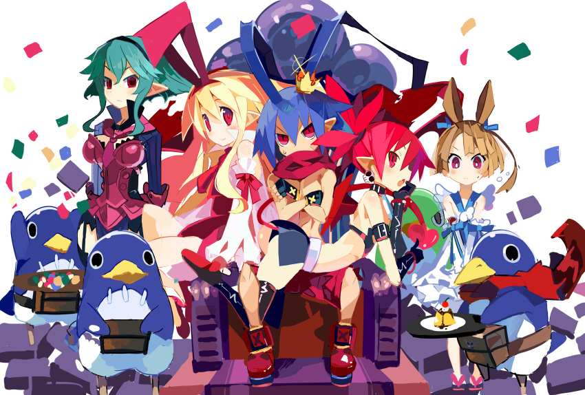 1boy 4girls absurdres ahoge barbara_(disgaea) blonde_hair blue_hair boots choker demon_girl demon_tail demon_wings disgaea disgaea_d2 earrings etna_(disgaea) flat_chest flonne flonne_(fallen_angel) food green_eyes hat highres horns jewelry laharl long_hair makai_senki_disgaea medium_hair miyakawa106 multiple_girls pointy_ears prinny pudding red_eyes red_hair short_shorts shorts sicily_(disgaea) sidelocks skull_earrings slit_pupils smile tail thigh_boots thighhighs twintails wings