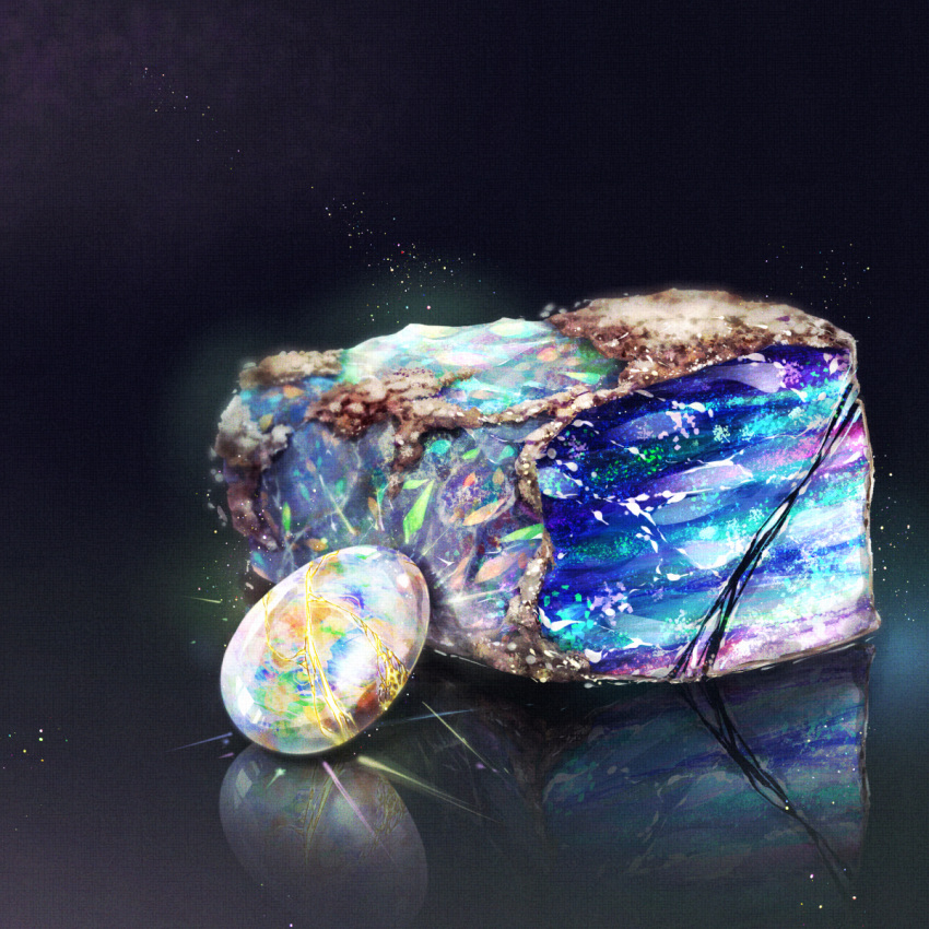 black_background cluseller commentary_request gem gradient_background highres light_particles no_humans opal_(gemstone) original partial_commentary reflection rock simple_background still_life