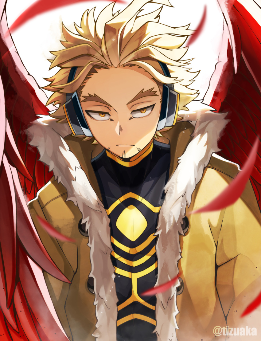 1boy bad_id bad_pixiv_id blonde_hair boku_no_hero_academia bomber_jacket costume facial_hair facial_mark feathered_wings feathers fur-trimmed_jacket fur_trim goatee hawks_(boku_no_hero_academia) haze headphones high_collar highres jacket light_particles light_rays looking_at_viewer male_focus narrowed_eyes open_clothes open_jacket red_feathers red_wings serious shadow shirt short_hair skin_tight solo stubble tight_clothes tight_shirt tonbanlove twitter_username upper_body wings yellow_eyes