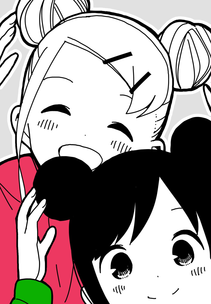 2girls :d ^_^ alternate_hairstyle arm_up black_hair closed_eyes commentary_request double_bun facing_viewer grey_background hair_bun hair_ornament hairclip happy highres hitori_bocchi hitoribocchi_no_marumaru_seikatsu katsuwo_(cr66g) looking_at_viewer matching_hairstyle multiple_girls open_mouth outline partially_colored simple_background smile sotoka_rakita upper_body white_outline