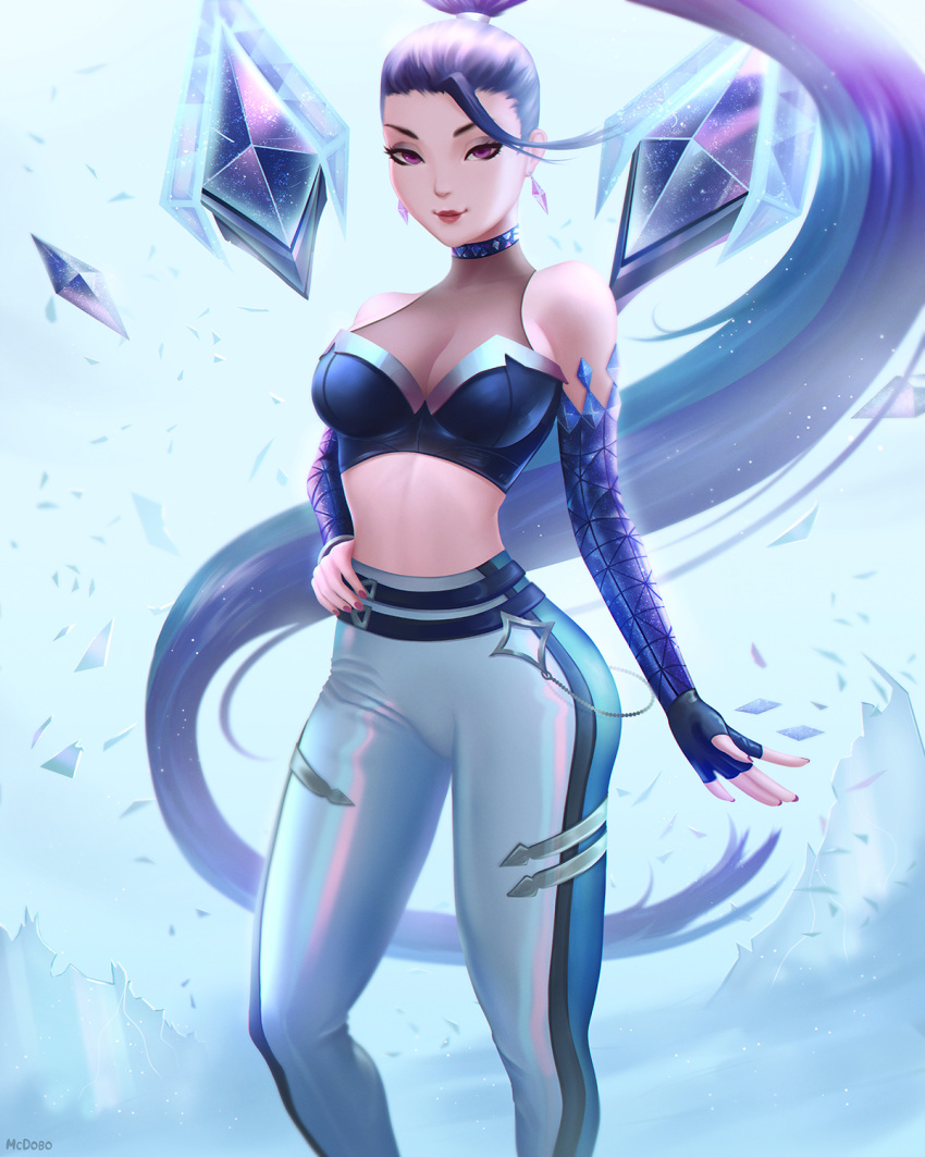 black_hair breasts crystal_earrings detached_sleeves earrings eyeshadow female fingerless_gloves forehead gloves halterneck hand_on_own_hip high-waist_pants high_ponytail highres jewelry k/da_(league_of_legends) k/da_all_out_kai'sa kai'sa league_of_legends lips long_hair looking_at_viewer makeup mcdobo medium_breasts official_alternate_costume pants ponytail purple_eyes see-through single_fingerless_glove smile solo very_long_hair