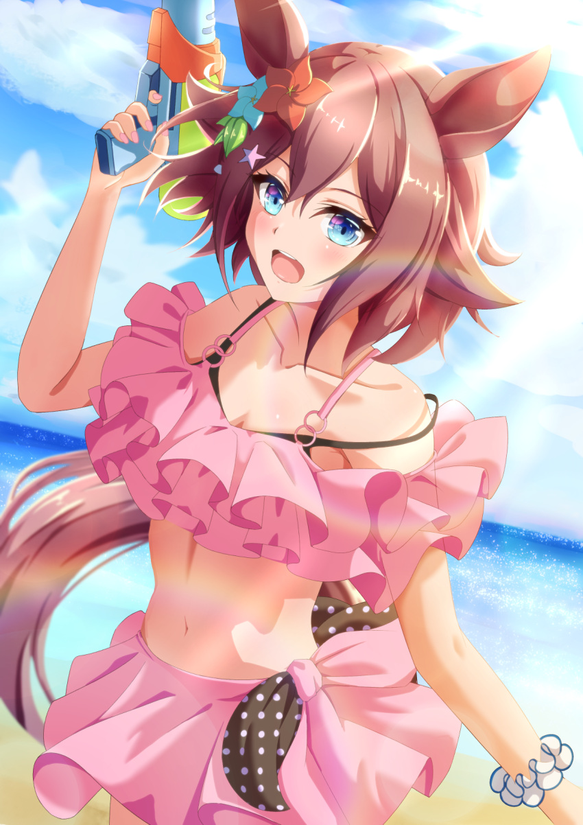 animal_ears beach bikini breasts cleavage collarbone female flower hair_flaps hair_flower hair_ornament highres horse_ears horse_girl horse_tail moyashi_toufu navel ocean off-shoulder_bikini off_shoulder official_alternate_costume open_mouth outdoors sakura_chiyono_o_(sakura_hearts_are_super_good_hearts)_(umamusume) sakura_chiyono_o_(umamusume) sand sky solo swimsuit tail umamusume water_gun