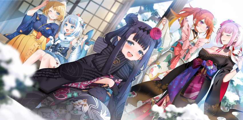 5girls black_gloves black_kimono blonde_hair bloop_(gawr_gura) blue_eyes blue_hair blue_kimono blunt_bangs blurry blurry_foreground blush bow braid braided_bun breasts cleavage closed_eyes commentary double_bun dutch_angle earrings ebi-chan_(gawr_gura) english_commentary enpera fins fish_tail flower fox_mask gawr_gura gawr_gura_(new_year) gloves hair_bun hair_flower hair_ornament hakama hakama_skirt half_gloves headpiece highres holding holding_mask hololive hololive_english holomyth japanese_clothes jewelry kikkoumon kimono kurot large_breasts long_hair looking_at_viewer mask mole mole_under_eye mori_calliope mori_calliope_(new_year) multicolored_hair multiple_girls ninomae_ina'nis ninomae_ina'nis_(new_year) off_shoulder official_alternate_costume one_eye_closed open_mouth orange_hair outdoors pink_bow pink_hair pointy_ears purple_eyes purple_hair purple_kimono purple_nails red_flower scarf shark_tail short_hair short_kimono sitting skirt sleeveless sleeveless_kimono smile snow squatting streaked_hair striped_clothes striped_scarf tail takanashi_kiara takanashi_kiara_(new_year) takodachi_(ninomae_ina'nis) twintails virtual_youtuber watson_amelia watson_amelia_(new_year) white_flower wide_sleeves winter yukata