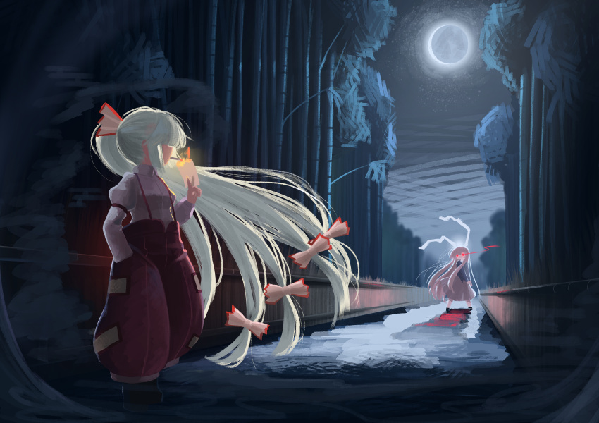 2girls absurdly_long_hair absurdres animal_ears bamboo bamboo_forest black_footwear boots bow breasts cigarette closed_mouth english_commentary fire forest fujiwara_no_mokou grey_hair hair_between_eyes hairbow hand_in_pocket hand_up highres jacket juliet_sleeves leaf long_hair long_sleeves looking_at_another medium_breasts moon moonlight multiple_girls nature night night_sky ofuda ofuda_on_clothes open_clothes open_jacket pants pink_shirt puffy_long_sleeves puffy_sleeves purple_skirt rabbit_ears red_bow red_eyes red_pants reisen_udongein_inaba shadow shirt shoes skirt sky standing sweet_reverie touhou very_long_hair