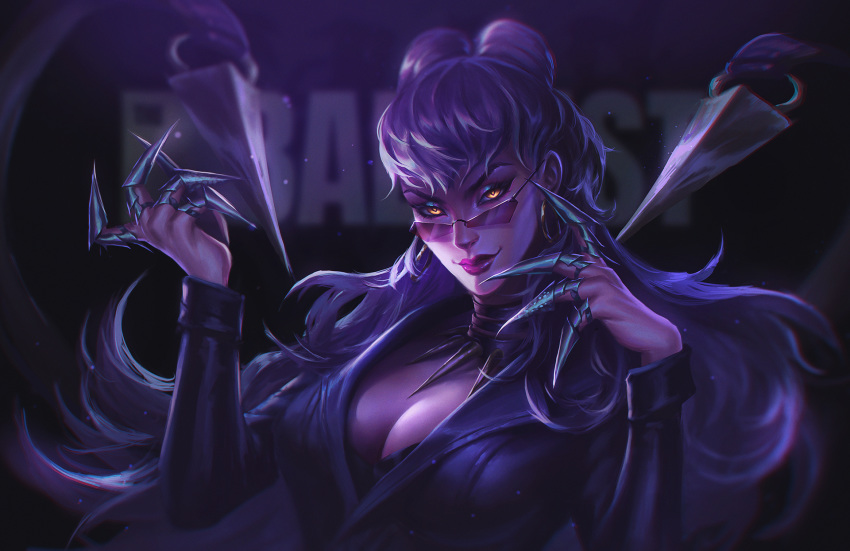 asymmetrical_bangs black_choker black_suit breasts business_suit choker claw_(weapon) claws cleavage cone_hair_bun dark demon demon_girl earrings evelynn_(league_of_legends) evil_grin evil_smile female formal glasses glowing glowing_eyes gold_earrings grin hair_bun highres hoop_earrings jewelry k/da_(league_of_legends) league_of_legends lipstick long_hair long_sleeves looking_at_viewer looking_over_eyewear makeup medium_breasts necklace purple-tinted_eyewear purple_hair rimless_eyewear smile solo suit sunglasses the_baddest_evelynn tinted_eyewear tooth_necklace upper_body weapon yellow_eyes zoe_(crownsforkings)