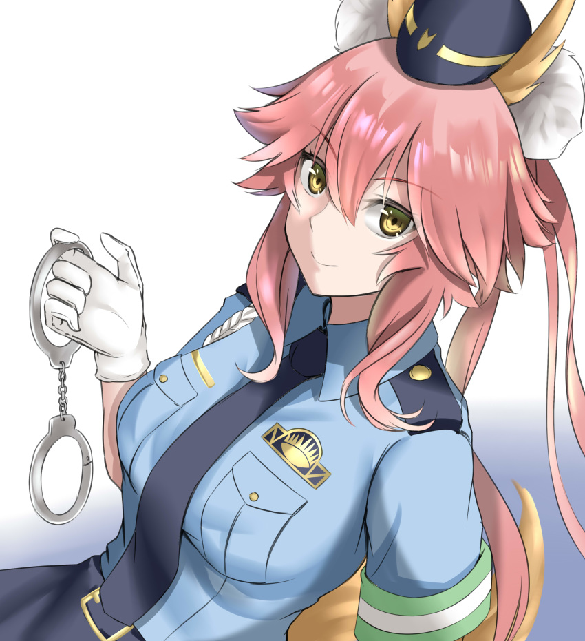 absurdres animal_ear_fluff animal_ears breasts commentary_request cuffs fate/extra fate/grand_order fate_(series) female fox_ears fox_girl fox_tail gloves handcuff_dangle handcuffs hat highres kamehito large_breasts looking_at_viewer looking_up necktie official_alternate_costume pink_hair police police_badge police_hat police_uniform policewoman simple_background solo tail tamamo_(fate) tamamo_no_mae_(fate/extra) tamamo_no_mae_(police_fox)_(fate) uniform white_background white_gloves yellow_eyes