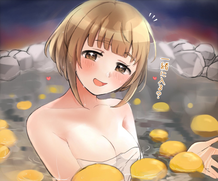 bathing bob_cut breasts brown_hair cleavage female floating food fruit heart highres idolmaster idolmaster_cinderella_girls kitami_yuzu naked_towel name_connection object_namesake onsen short_hair solo thick_eyebrows towel translated wet yuzu_(fruit) yuzu_bath yuzuhota0313