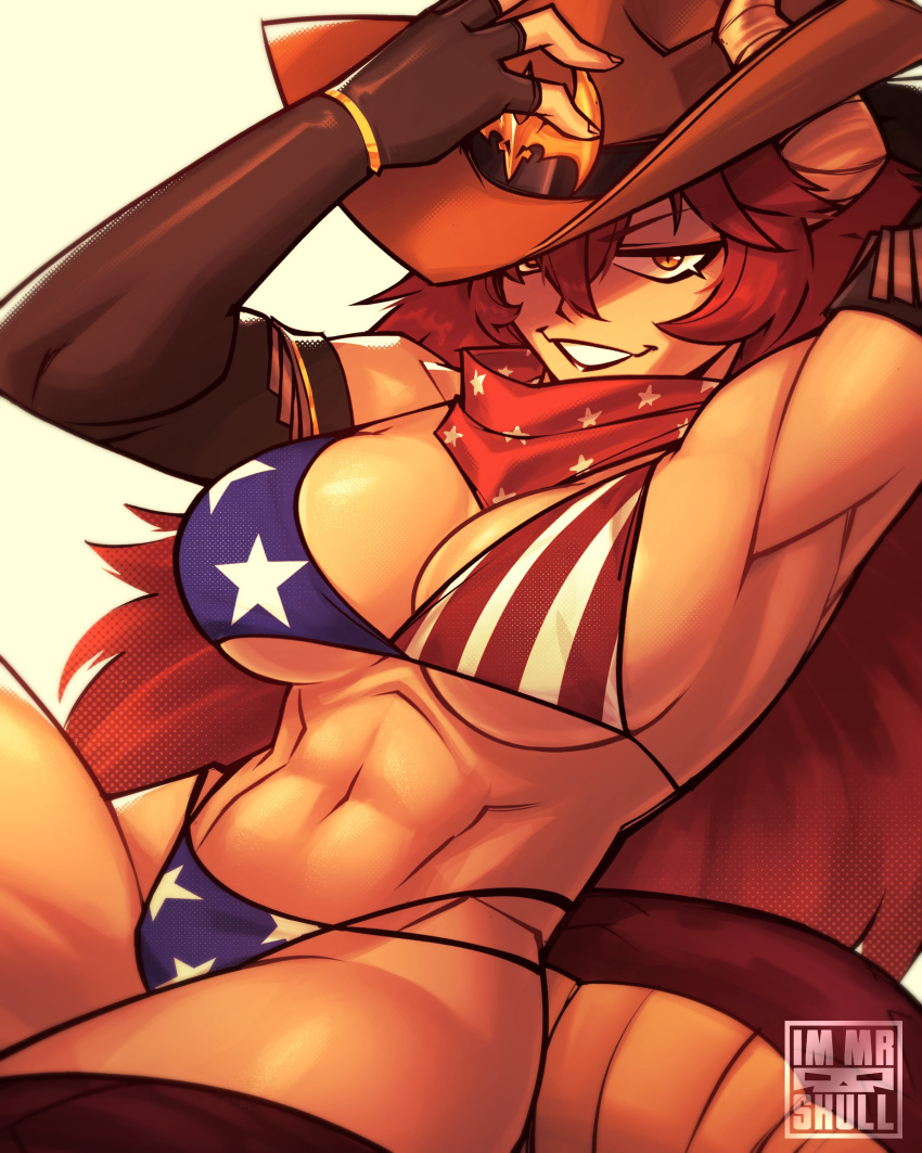 abs absurdres american_flag american_flag_bikini american_flag_print armpits artist_name bikini breasts commentary cowboy_hat dragon_girl dragon_horns dragon_tail elbow_gloves english_commentary female fingerless_gloves flag_print gloves grey_background hair_between_eyes hat highres horns immrskull large_breasts looking_at_viewer navel print_bikini red_hair simple_background slit_pupils smirk solo swimsuit tail teeth virtual_youtuber vshojo watermark zentreya zentreya_(cowboy_bikini) zentreya_(dragon)