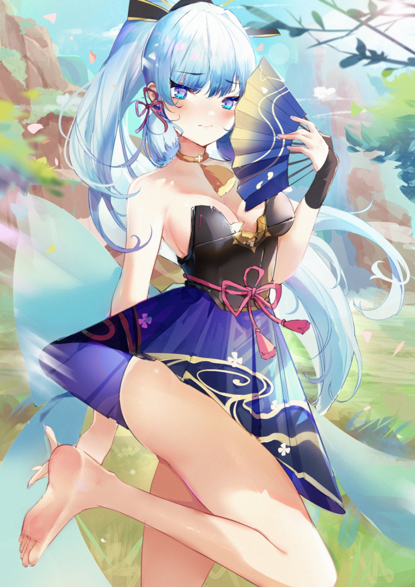 armor artistic_error bare_legs bare_shoulders barefoot black_gloves blue_eyes blue_hair blue_nails blush breastplate breasts brown_choker choker cleavage closed_mouth commentary day feet female fingerless_gloves folding_fan genshin_impact gloves hand_fan hand_up highres holding holding_fan kamisato_ayaka kamisato_clan_(emblem) leg_up legs long_hair looking_at_viewer medium_breasts nail_polish outdoors ponytail purple_skirt single_fingerless_glove skirt soles solo standing standing_on_one_leg tassel very_long_hair wrong_foot xiongshouji