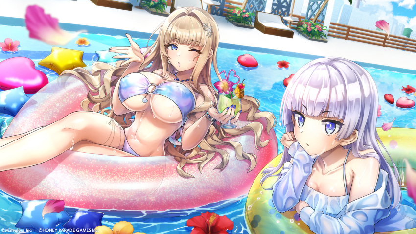 2girls bare_arms bare_shoulders bikini blonde_hair blowing_kiss blue_eyes breasts crazy_straw crossed_legs dolphin_wave drinking_straw flower hair_intakes hair_ornament hand_on_own_chin heart_straw highres innertube kirahoshi_kanna large_breasts long_hair multiple_girls official_art one_eye_closed ootomo_takuji petals pool purple_eyes purple_hair schnee_weissberg swim_ring swimsuit water_drop wavy_hair