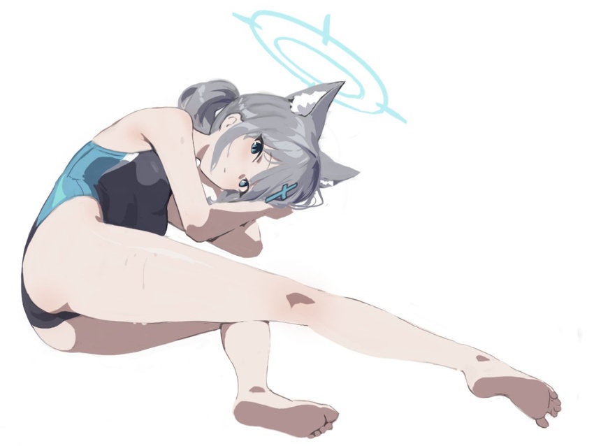 animal_ear_fluff animal_ears ass barefoot black_one-piece_swimsuit blue_archive blue_eyes breasts check_commentary commentary_request competition_swimsuit expressionless extra_ears feet female full_body gesoking grey_hair hair_ornament halo highleg highleg_swimsuit legs looking_at_viewer lying official_alternate_costume one-piece_swimsuit shiroko_(blue_archive) shiroko_(swimsuit)_(blue_archive) small_breasts soles solo swimsuit thighs toes twintails wet wolf_ears