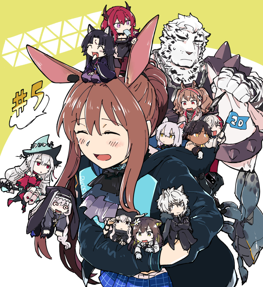 6+boys 6+girls @_@ ^_^ absurdres amiya_(arknights) angelina_(arknights) animal_ears arknights armor bandages black_cloak black_dress black_headwear black_jacket black_necktie black_shirt black_suit blonde_hair blue_headwear blush braid breasts brown_hair chain_necklace chains chibi cleavage cloak closed_eyes closed_mouth coat commentary_request crossed_arms crossed_legs dark-skinned_male dark_skin dog_ears dress elysium_(arknights) flag flower folinic_(arknights) food food_in_mouth formal frown fur-trimmed_coat fur_trim furry furry_male gloves gradient_hair green_background grey_eyes grey_hair habit hair_flower hair_ornament hand_up happy hat headband highres holding holding_flag hood hood_lift hooded_cloak hooded_jacket horns horns_through_hood infection_monitor_(arknights) jacket jewelry kitano_(terabecause) light_smile long_hair looking_at_another looking_at_viewer looking_down looking_to_the_side mountain_(arknights) mouse_ears multicolored_hair multiple_boys multiple_girls necklace necktie number_sign nun official_alternate_costume open_clothes open_coat open_mouth parted_bangs parted_lips popsicle purple_eyes rabbit_ears red_dress red_eyes red_hair saga_(arknights) scar scar_across_eye scavenger_(arknights) seiza sharp_teeth shining_(arknights) shirt shoulder_armor silverash_(arknights) simple_background sitting sitting_on_person skadi_(arknights) skadi_the_corrupting_heart_(arknights) specter_(arknights) speech_bubble spiked_armor spoken_number streaked_hair suit surtr_(arknights) sweat teeth thorns_(arknights) tiger_boy torn_cloak torn_clothes training_pincerbeast_(arknights) twintails unamused upper_teeth_only waving_flag white_background white_coat white_flower white_gloves yellow_eyes